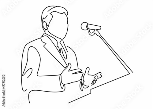 Business conference, business meeting. Man at rostrum in front of audience. Public speaker giving a talk at conference hall- line drawing 