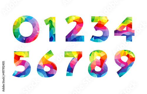 Set of colorful numbers. Creative decotative coloured digits. Isolated abstract graphic design template. Stained-glass style. Green, red, pink and blue bright colors. Colorful collection with texture.