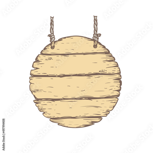 Hand drawn sketch style wooden signboard. Wooden round with rope plank. Best for invitations, game, blogs design. Vector color illustration.
