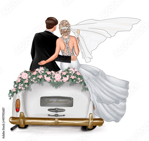 Slika na platnu Bride and groom in a wedding car. Sitting on the back.