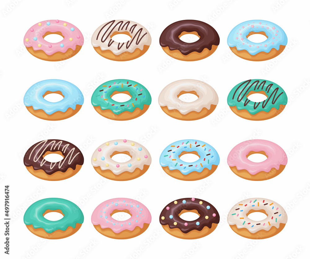 Donuts set. A large collection of donuts, poured with various glazes. Sweet dessert, fast food. Vector illustration isolated on a white background Donuts set. A large collection of donuts, poured with various glazes. Sweet dessert, fast food. Vector illustration isolated on a white background