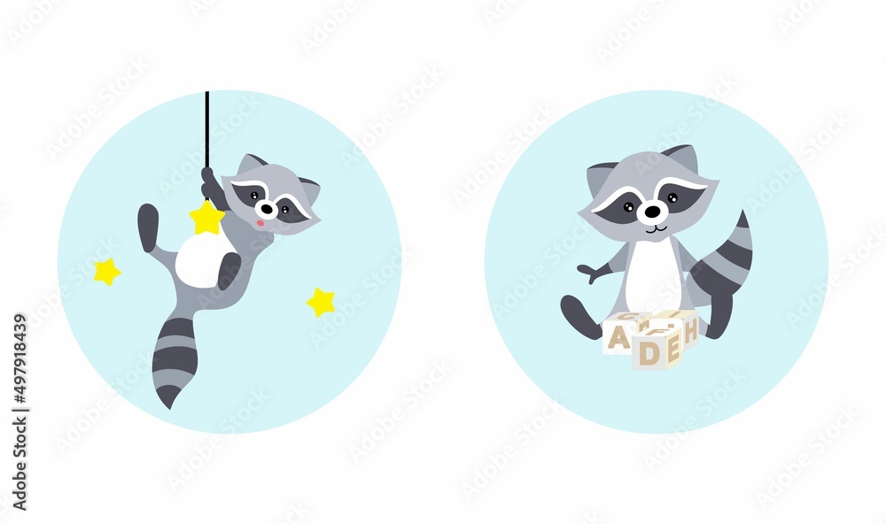 Obraz premium Funny cartoon raccoons on a blue background. Illustrations for children. Posters for the children's room. Cards for child development.