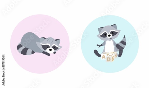 Baby illustrations with raccoons. Posters for the children's room. Sleepy, cute raccoon on a pink background. The raccoon plays with cubes. Illustration for schools and kindergarten.