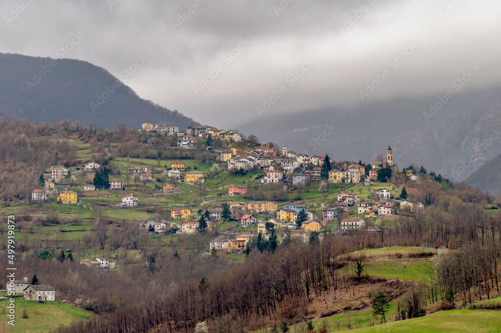 Panoramic view of the picturesque village of Tornolo, Parma, Italy, seen from Compiano