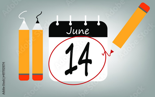 Calendar day 14 june black. calendar page circled with various colored pencils white and red