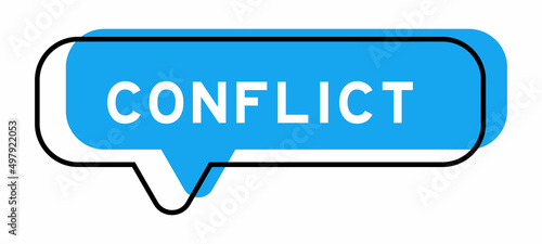 Speech banner and blue shade with word conflict on white background