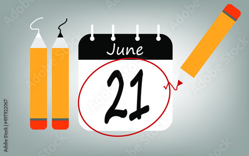 Calendar day 21 june black. calendar page circled with various colored pencils white and red
