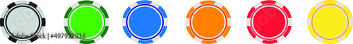 Poker and casino chip. Gamble logo. Icon of token for poker. Blackjack coin. Macau icon. Equipment of top gambling. Graphic for bet of roulette. Entertainment in vegas. Chips in front view. Vector.
