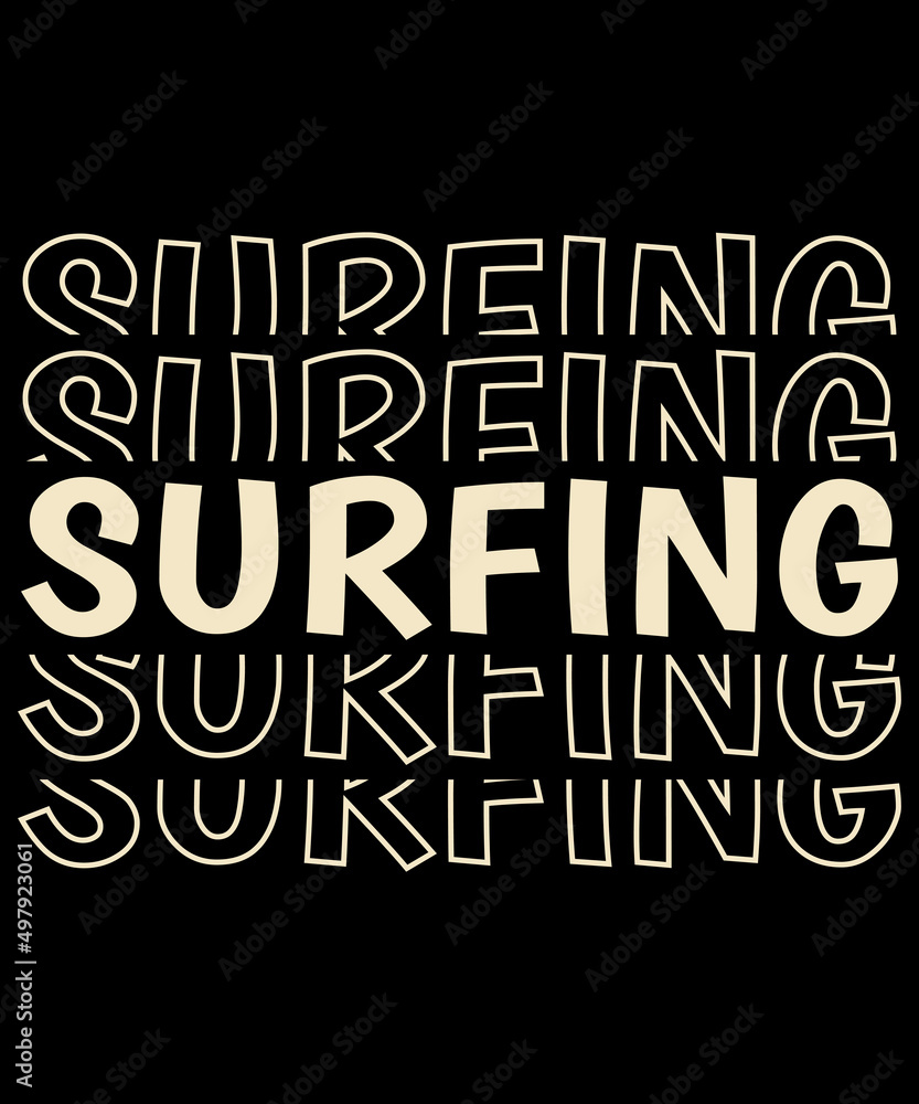 Surfing typography logo t-shirt design, unique and trendy, apparel, and other merchandise. Print for t-shirt, hoodie, mug, poster, label, etc.