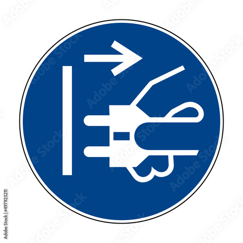Disconnect mains plug from electrical outlet sign. Vector illustration of circular blue mandatory sign with human hand pulling out plug. Unplugged symbol isolated on white background.