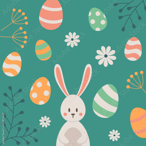 Easter day, little bunny with eggs