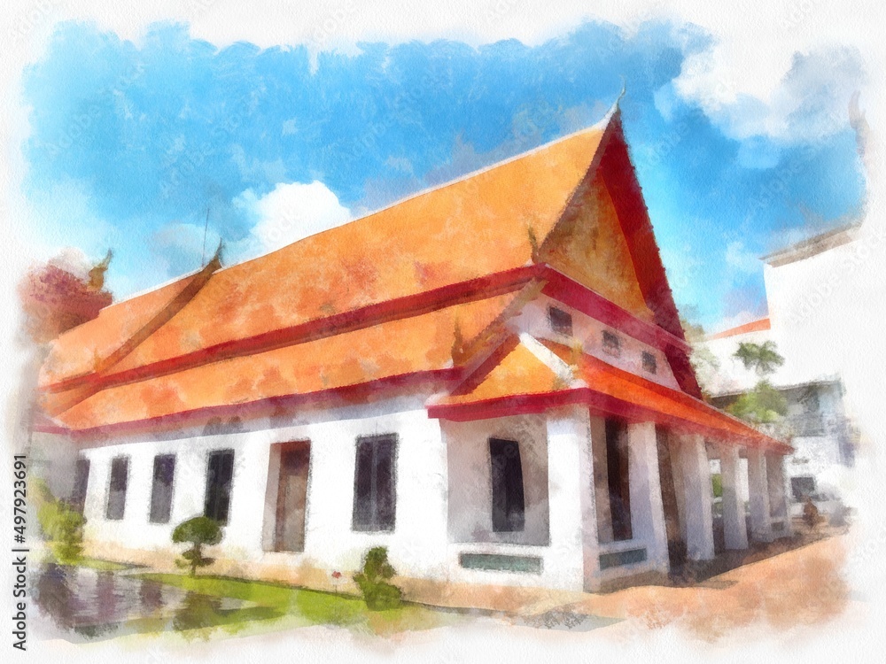Landscape of ancient buildings in Bangkok watercolor style illustration impressionist painting.