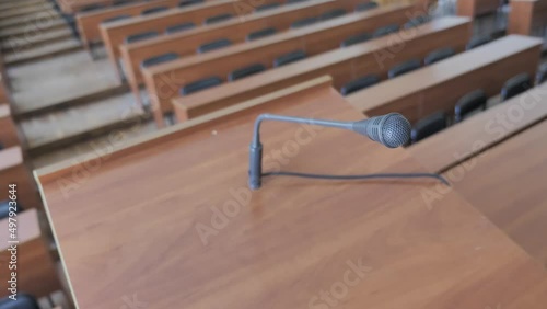 Microphone On Podium In Empty Lacture Hall, Classroom, Conference Room
 photo