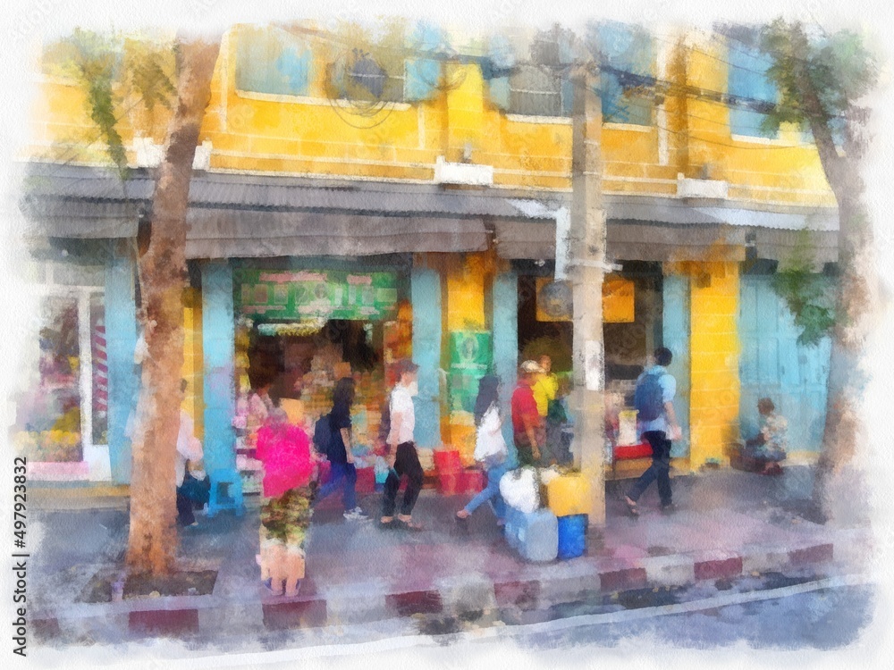 Bangkok city landscape watercolor style illustration impressionist painting.