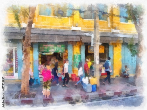 Bangkok city landscape watercolor style illustration impressionist painting. © Kittipong