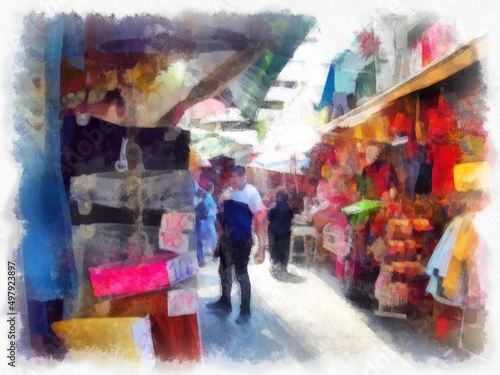 Landscape of the Holiday Market in Bangkok watercolor style illustration impressionist painting. © Kittipong