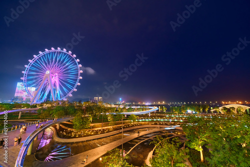panoramic view on The Oh Bay Haibin culture park in Shenzhen at night