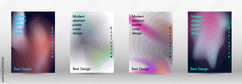 Set for liquid. Holographic abstract backgrounds. Bright mesh blurred pattern in pink, blue, green tones. Fashionable advertising vector in retro for book, annual, mobile interface, web application.