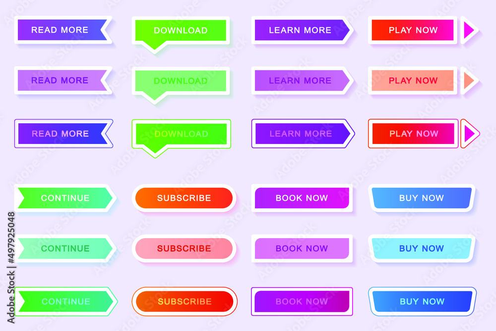Buttons set, collection of colorful gradient buttons with white frame and shadow, isolated button icon set. Buttons with normal, hover and pressed effects, for web, game, application and other design.