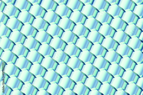 Extruded hexagons, 3D rendering, Abstract monochrome background. Copy space, empty, blank space. 3d vector background.
