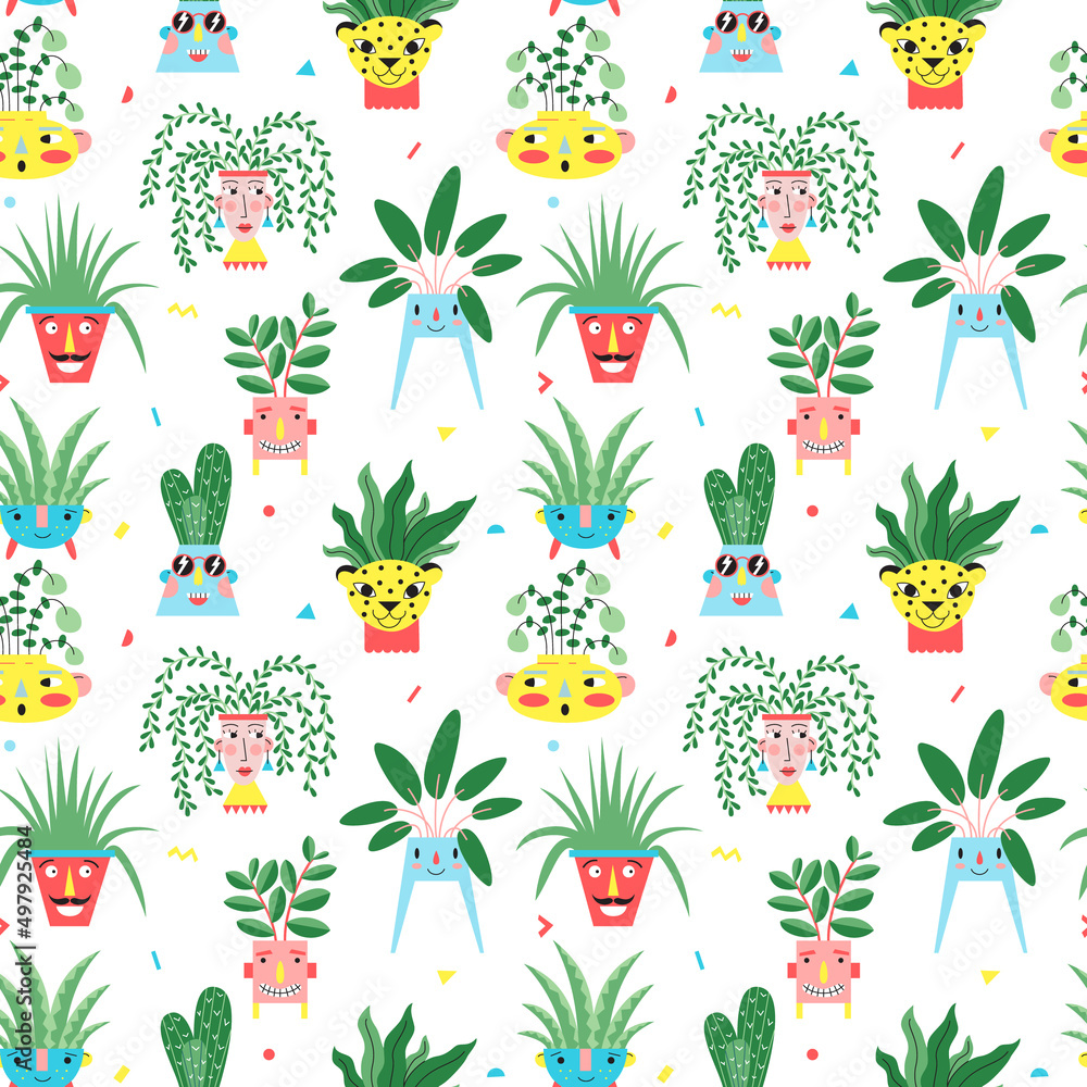 Seamless pattern with a houseplants in cute pots