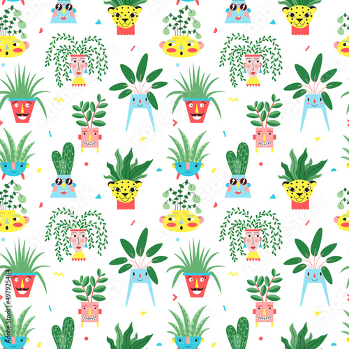 Seamless pattern with a houseplants in cute pots