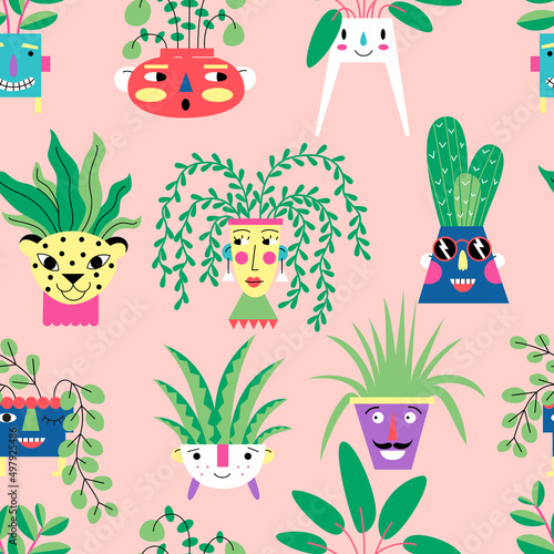 Seamless pattern with a houseplants in cute pots