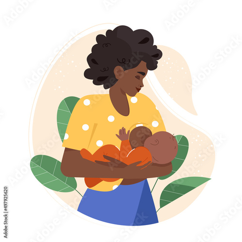Black woman breastfeeding a baby with nature and leaves background. Black skin Mother feeding her newborn baby. Breastfeeding week banner, happy mother's day. Concept vector illustration in flat style