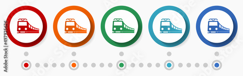 Subway, metro, public transport concept vector icon set, infographic template, flat design colorful web buttons in 5 color options