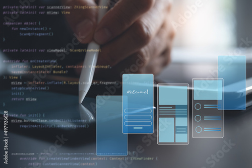 UX UI, Mobile apps user interface designs, digital software technology development concept. Graphic designer planning application process photo