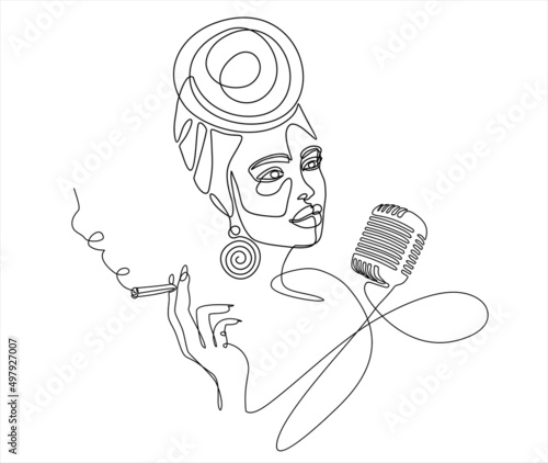 Young African woman singing in a retro microphone and smoking. Continuous one line drawing. Vector illustration.