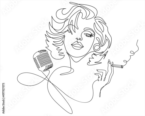 Young woman singing in a retro microphone and smoking. Continuous one line drawing. Vector illustration.