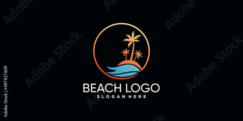 Beach logo design with palm tree and gradient style color Premium Vector