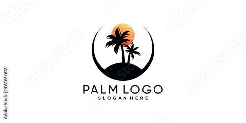Palm tree logo design template with sun Premium Vector