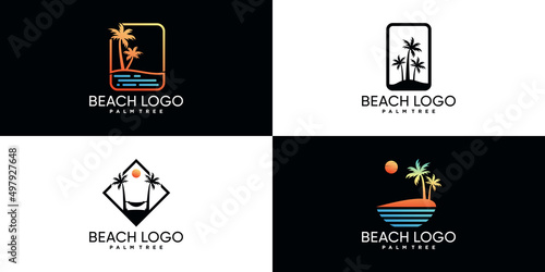 Palm tree or palm beach icon set logo design with creative element Premium Vector