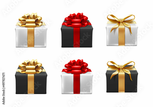 3d realistic vector icon set. Present boxes collection in white and black with golden and red ribbons.