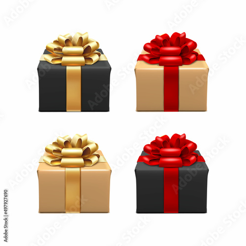 3d realistic vector icon set. Square present boxes in black color and in carton with red and golden ribbon with a bow. Isolated on white background.