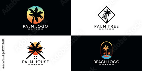 Palm tree or palm beach icon set logo design with creative element Premium Vector