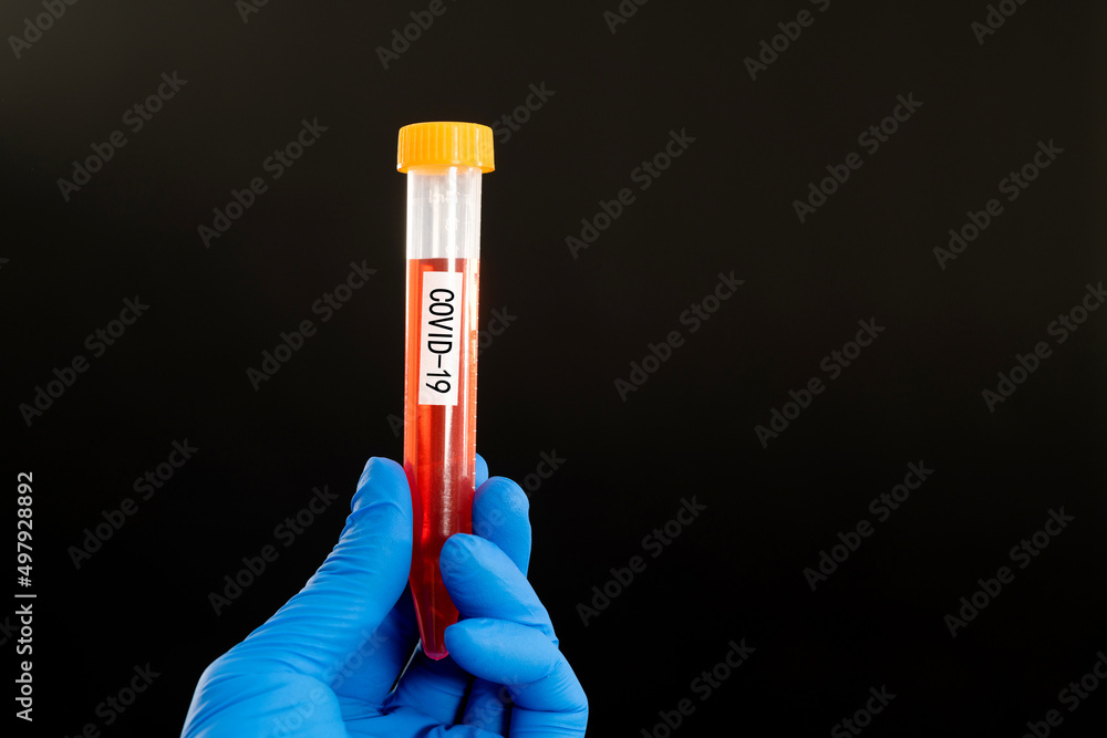 Naklejka premium Hand holding blood test tube with word COVID-19