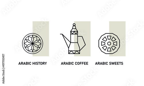 Qatar traditional hospitality symbols. Arabic line icon set. Decorative tea or coffee pot and maamoul sweets. Vector 
