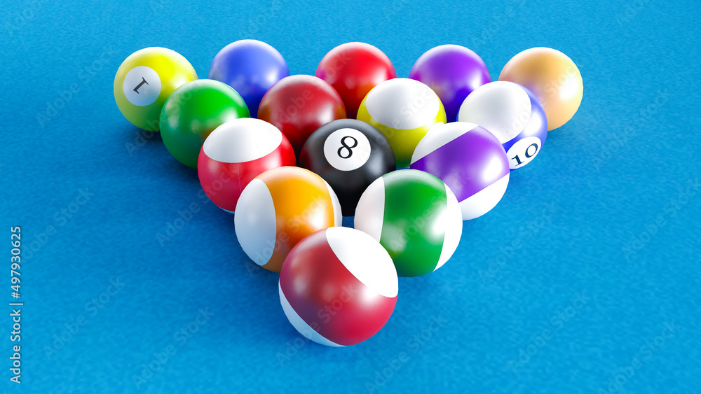 3D render of billiard balls isolated on blue background, poolball, Billiard balls in a blue pool table 3D render of billiard balls isolated on blue background, poolball, Billiard balls in a blue pool table