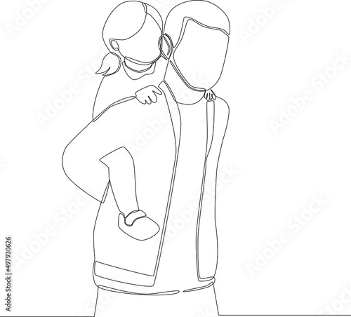 Continuous one line drawing father with daughter on his back. happy father days. Global day of parents. Single line draw design vector graphic illustration.