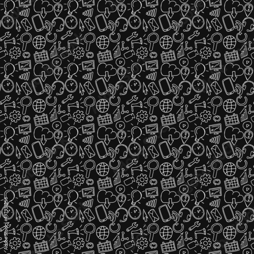 seamless pattern with business set icons. Doodle vector with business icons on black background. Vintage business icons,sweet elements background for your project