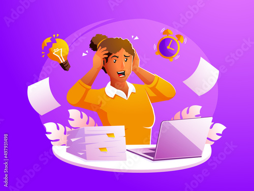Stressed and angry tired and distraught woman clutching his head between piles of papers and documents
