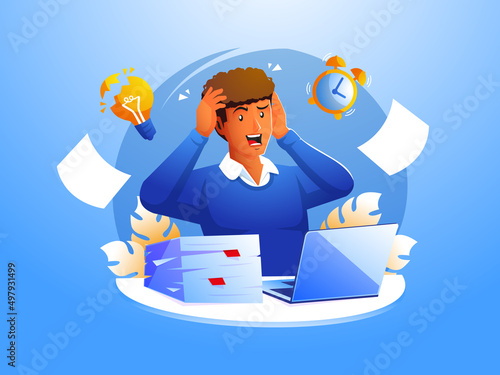 Stressed angry tired and desperate man clutched his head among piles of papers and documents
