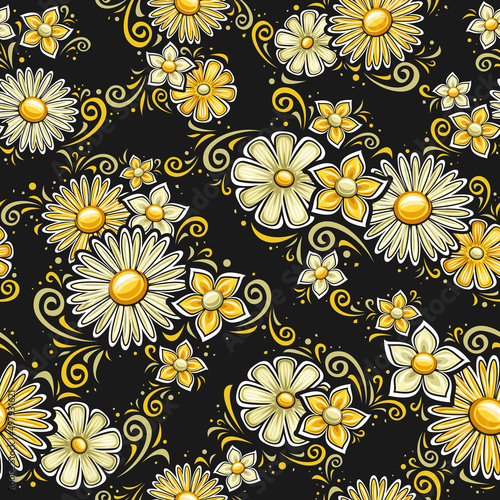 Vector Holiday Flowers Seamless Pattern, square repeating background with illustration of pale color petunia flowers, spring march matricaria, cartoon flourishes on dark background for wrapping paper