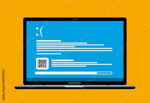 Sad smile of a blue screen of death. Concept in laptop computer screen, flat vector illustration