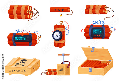 Set of dynamite and explosives with burning wick and timers. Dangerous explosives. Vector illustration on white background.