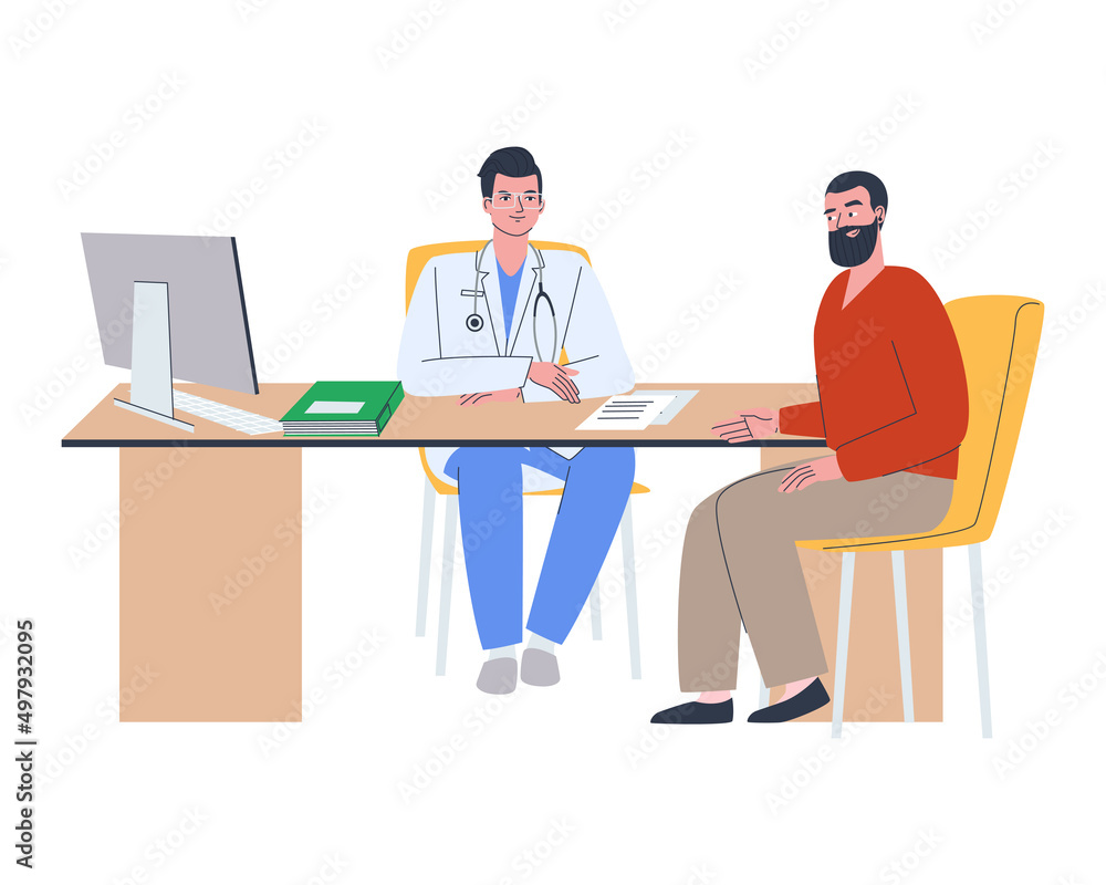 Doctor in the office with a patient. An adult man at the reception of a medical specialist. Flat vector illustration. Eps10 Doctor in the office with a patient. An adult man at the reception of a medical specialist. Flat vector illustration. Eps10