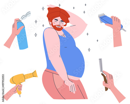 Professional hairdressers use special products and tools in the care of men's hair. Flat vector illustration. Eps10